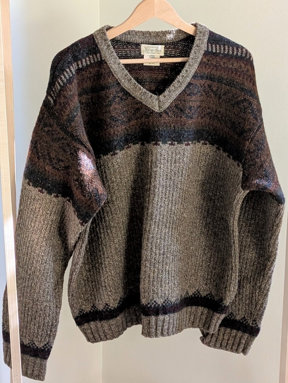 Vintage 90's Fair Isle Ribbed Chunky Wool V-neck Sweater In Brown